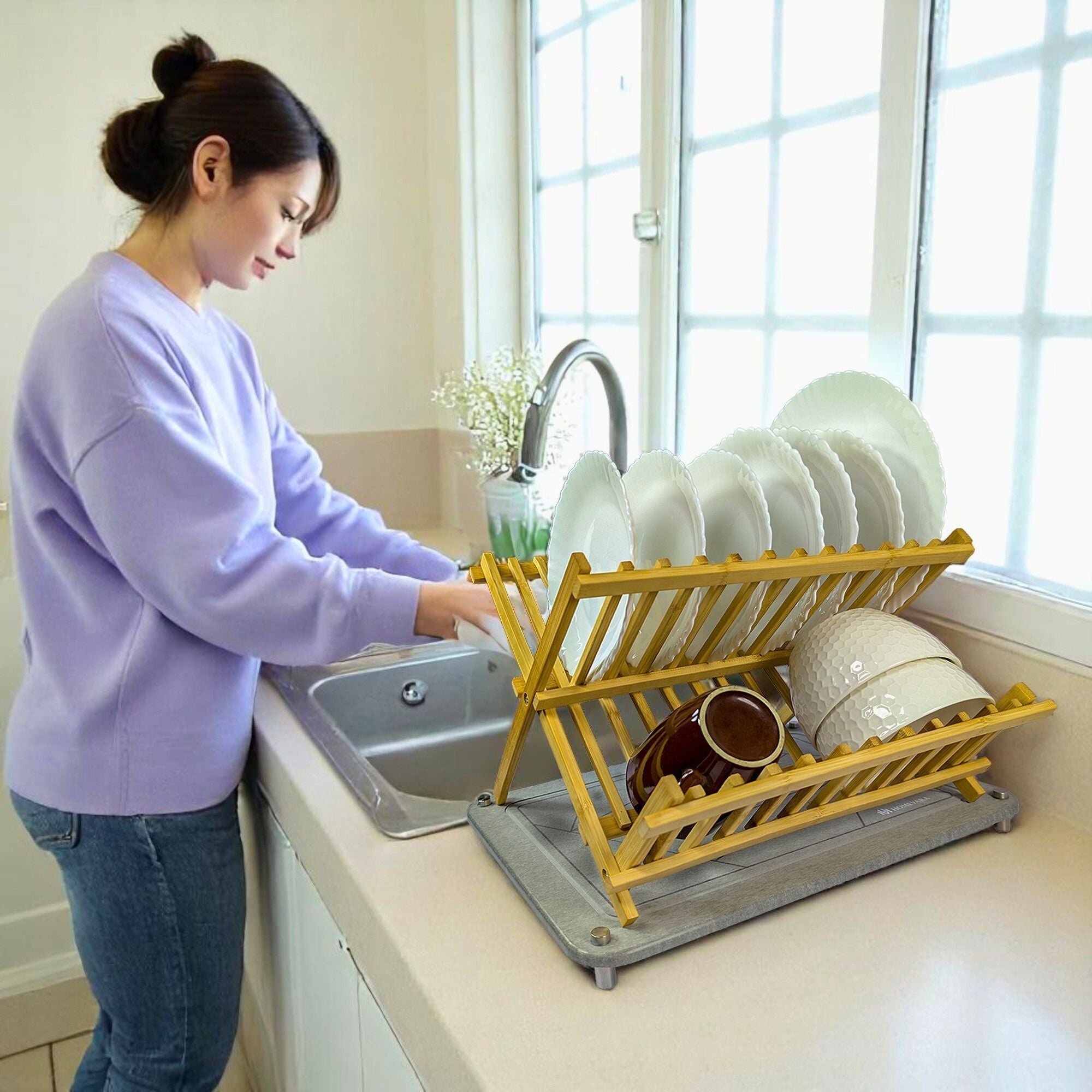 Stone Dish Drying Mat with 2 Tier Bamboo Rack for Kitchen Counter.