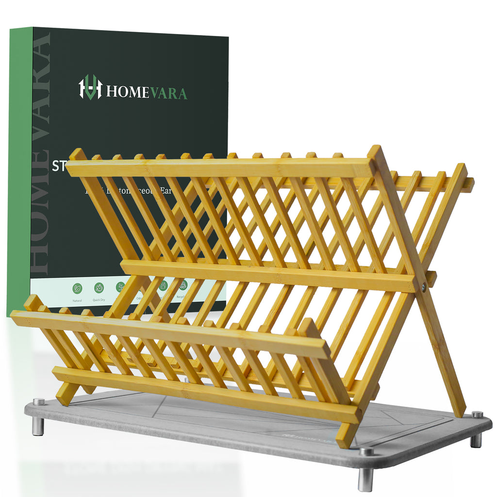 Stone Dish Drying Mat with 2 Tier Bamboo Rack for Kitchen Counter.