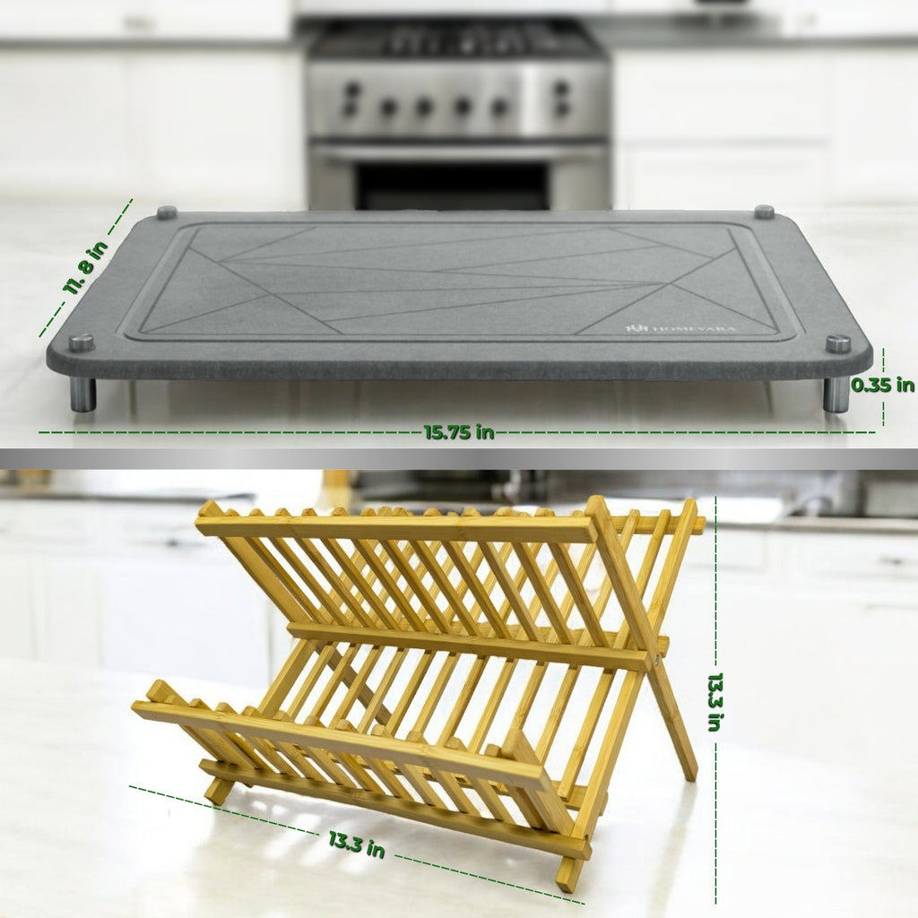 Stone Dish Drying Mat with 2 Tier Bamboo Rack for Kitchen Counter.