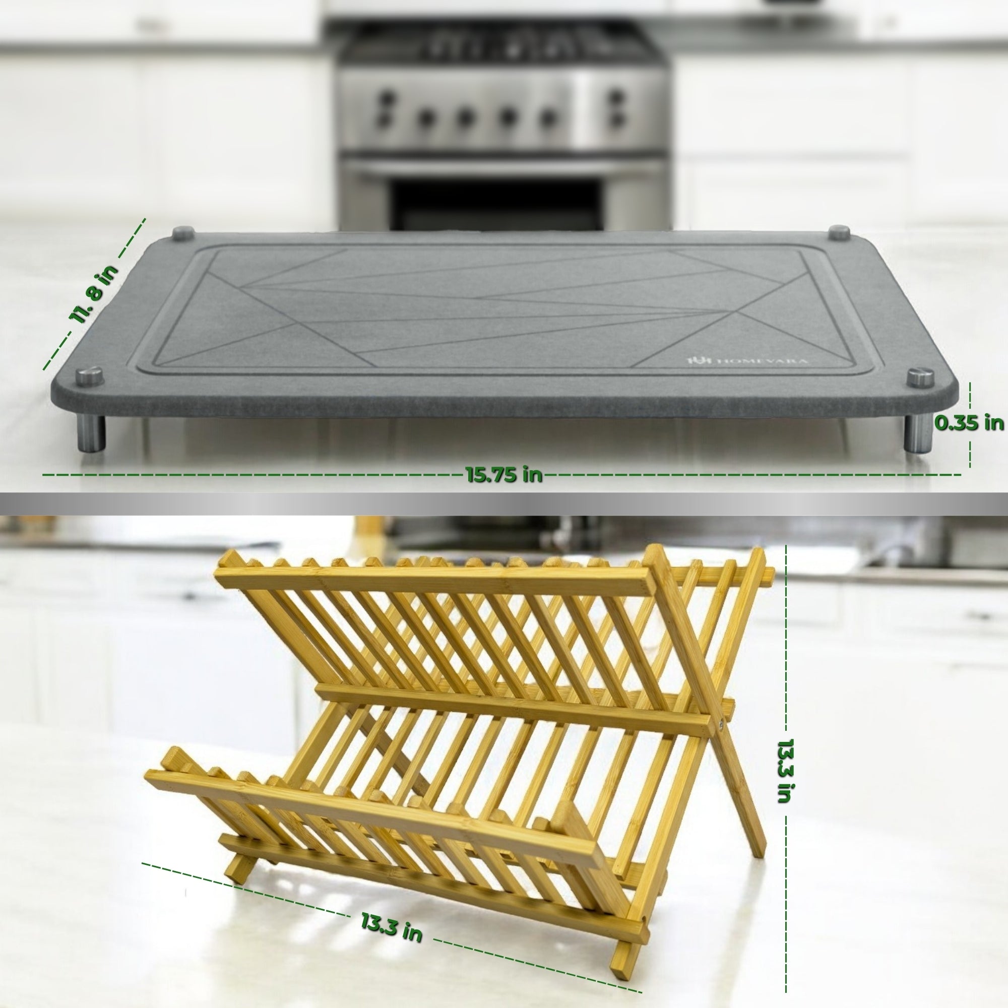 Stone Dish Drying Mat with 2 Tier Bamboo Rack for Kitchen Counter.