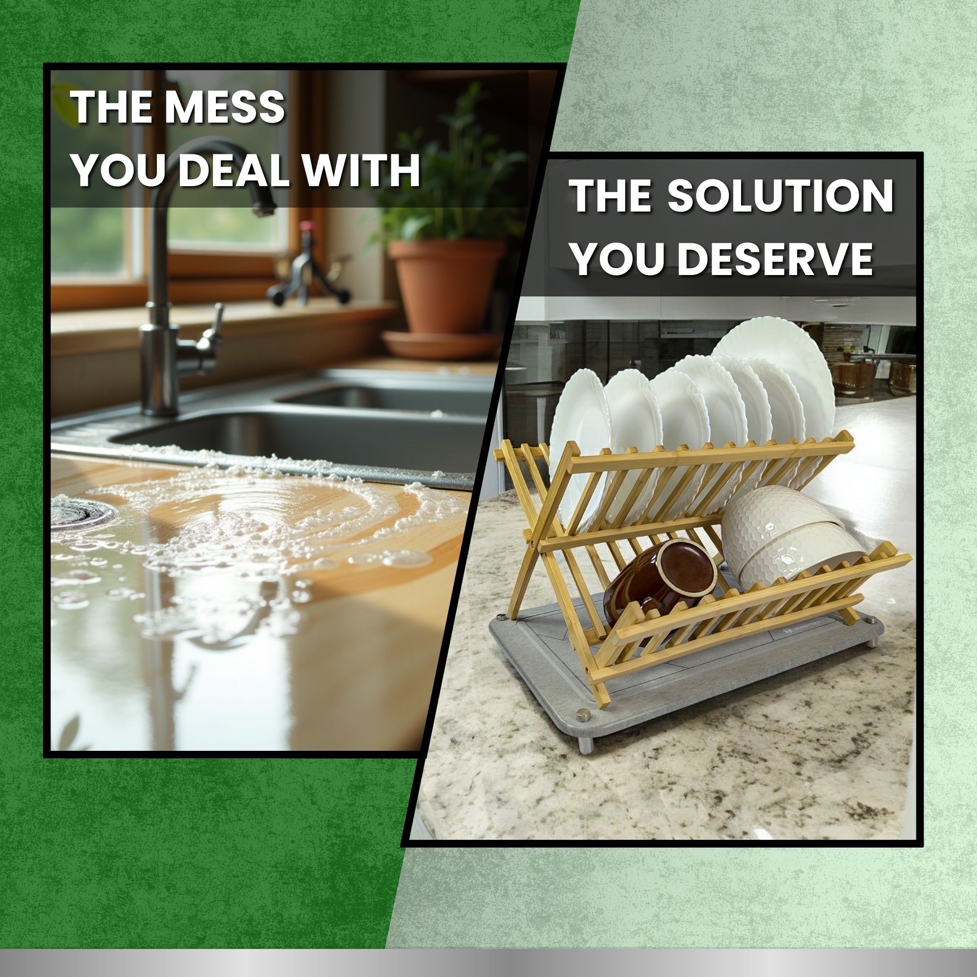 Stone Dish Drying Mat with 2 Tier Bamboo Rack for Kitchen Counter.